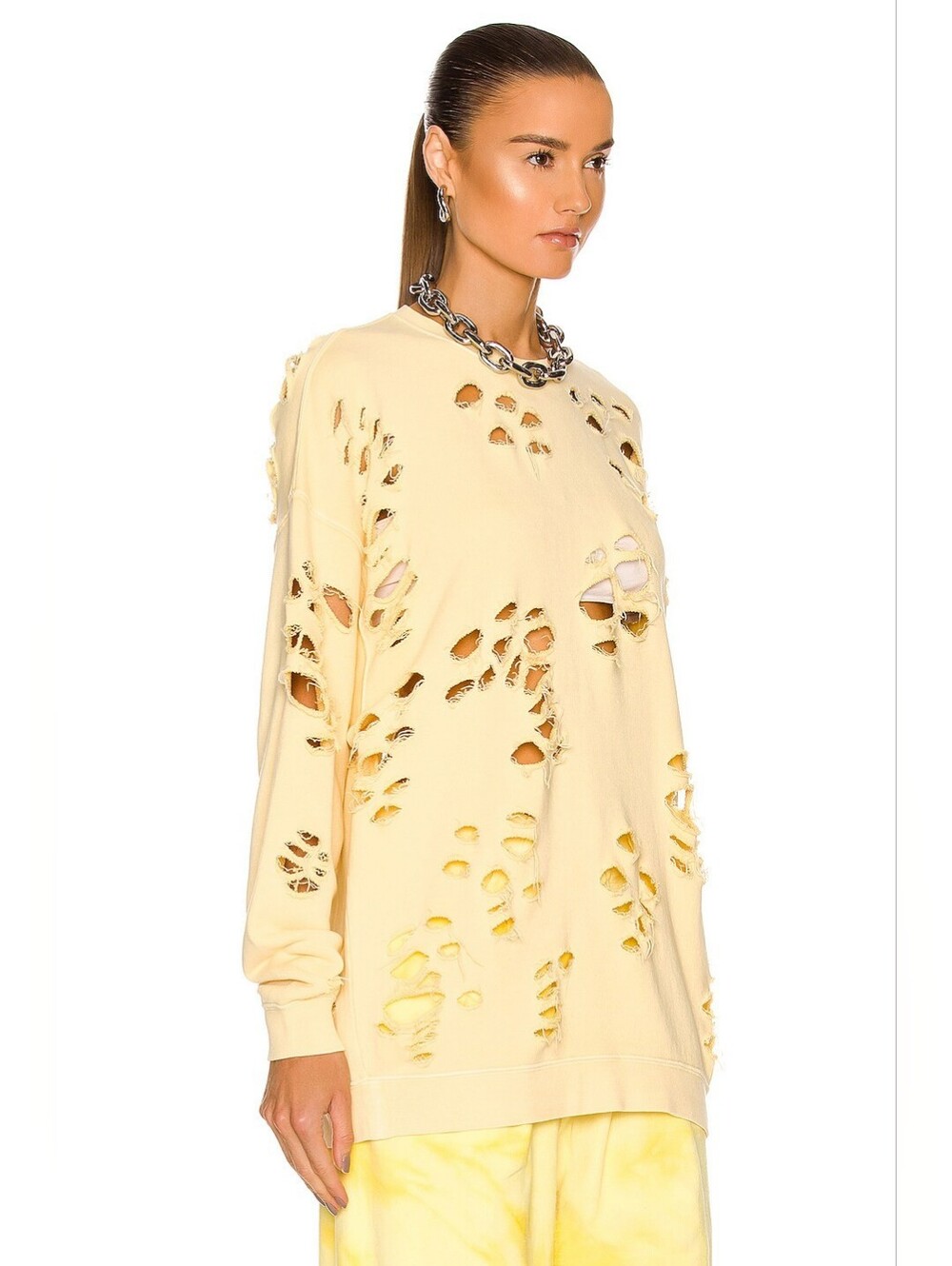 R13 Super Distressed Oversized Crewneck Sweatshirt In Washed Yellow XS Org $450 - Picture 2 of 14